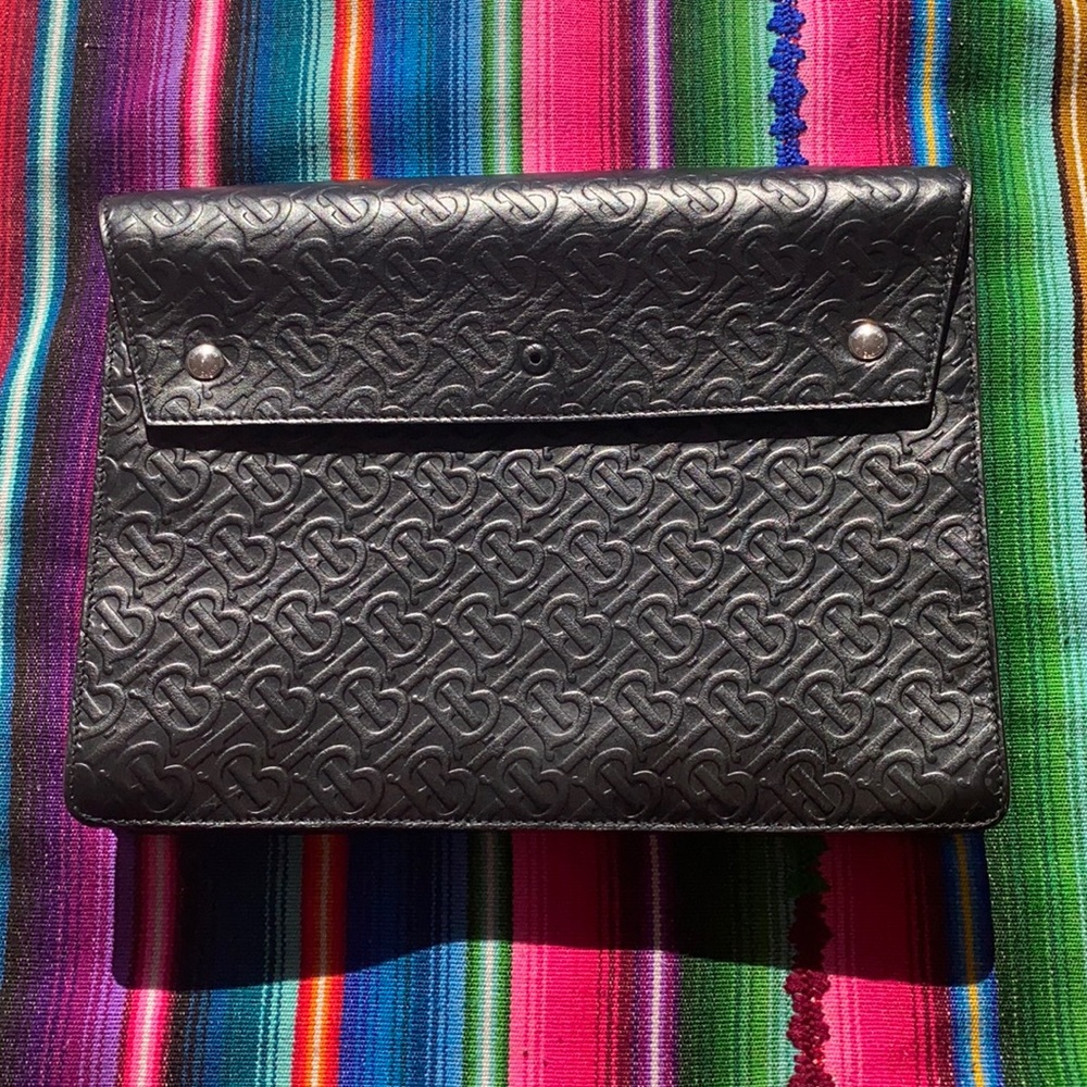Burberry Black Embossed Monogram Leather Clutch Computer Bag